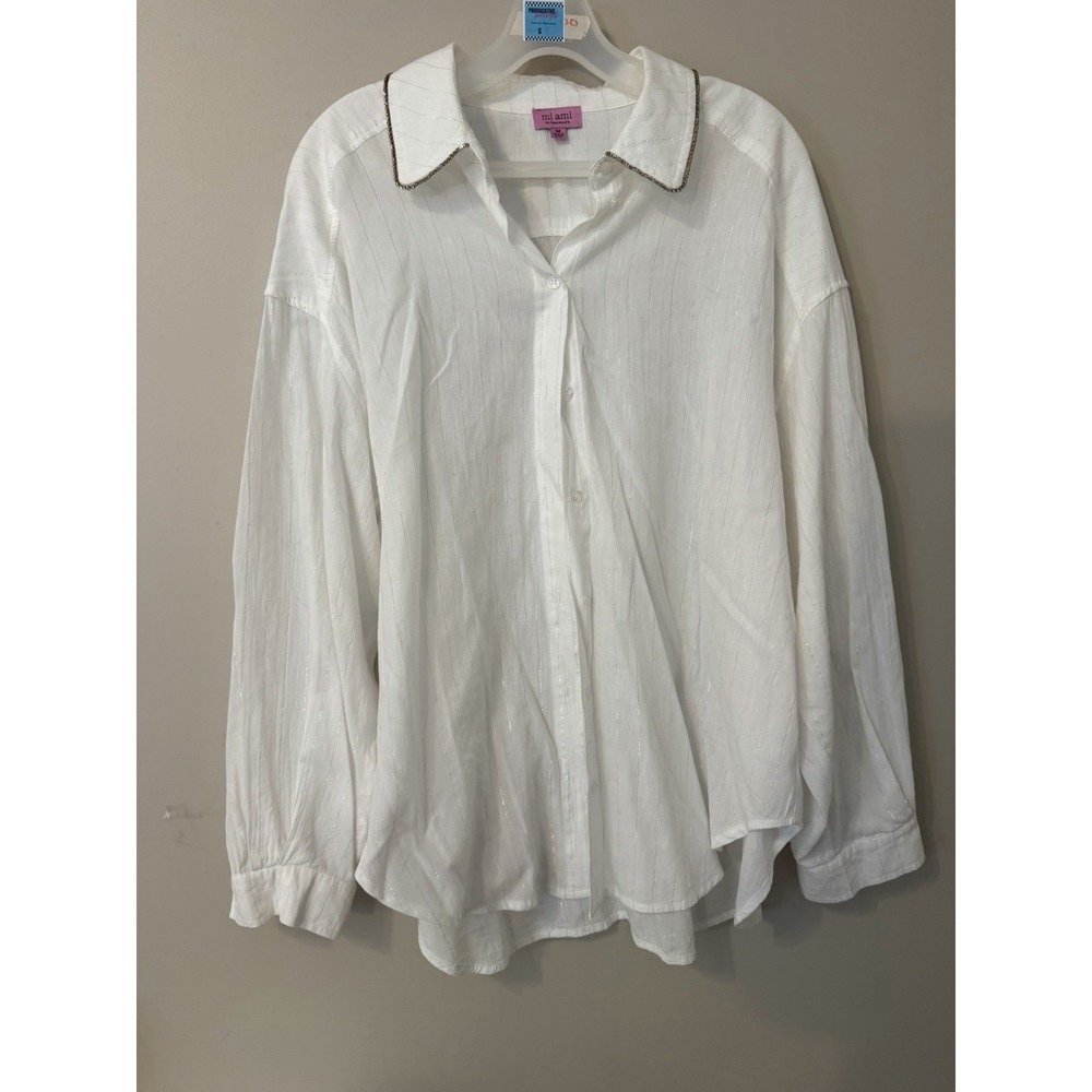 Mi Ami Francesca's Button Down Shirt Womens M White Silver Rhinestone NWOT